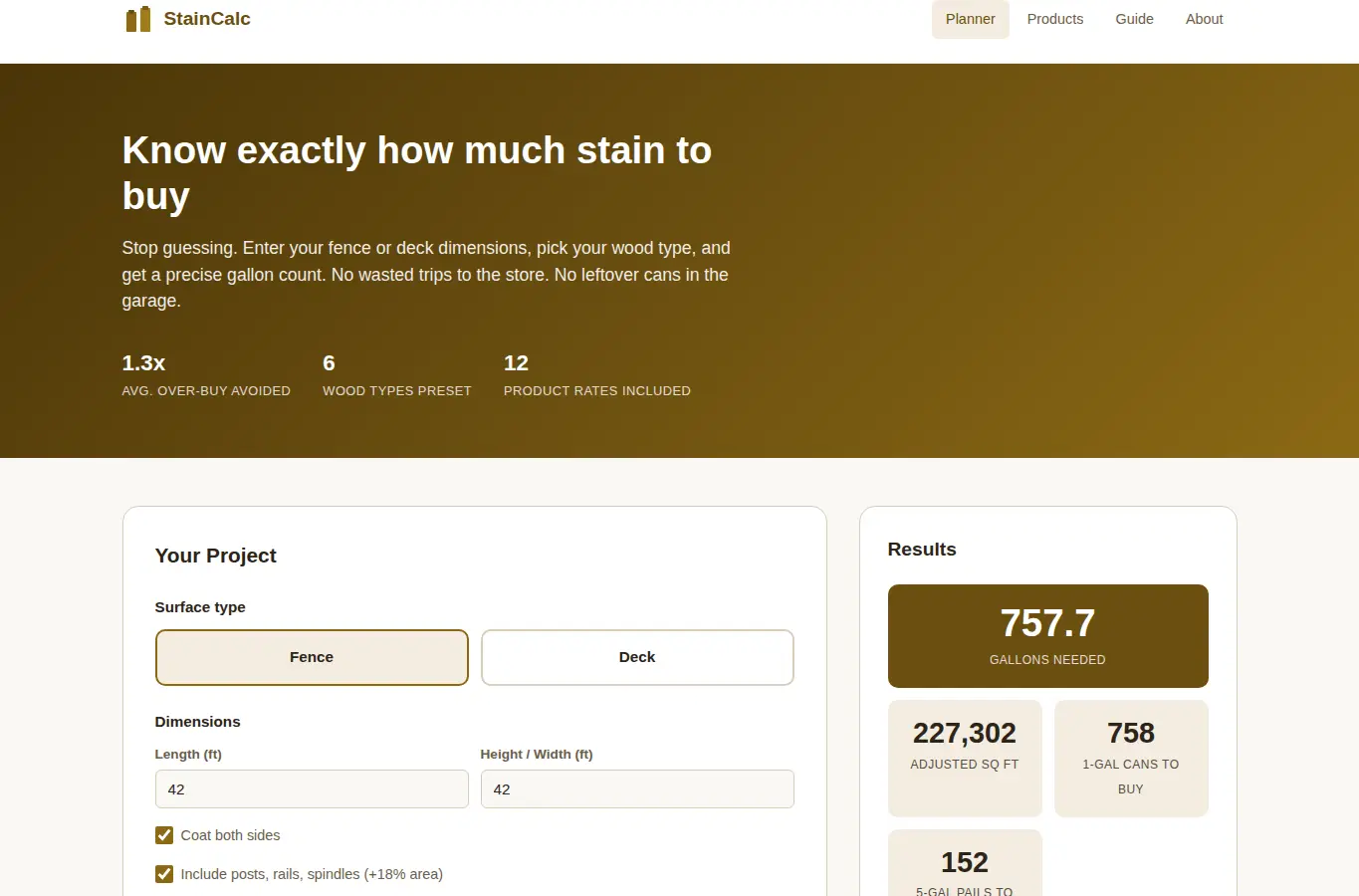 Screenshot of StainCalc: Fence & Deck Stain Coverage Planner interface showing the project page in use
